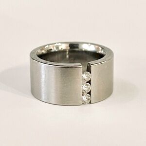 Unique Stainless Steel Ring with Sliding Diamond Accents